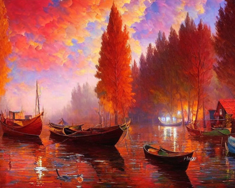 Colorful painting of boats on calm water with autumn trees and warm glow