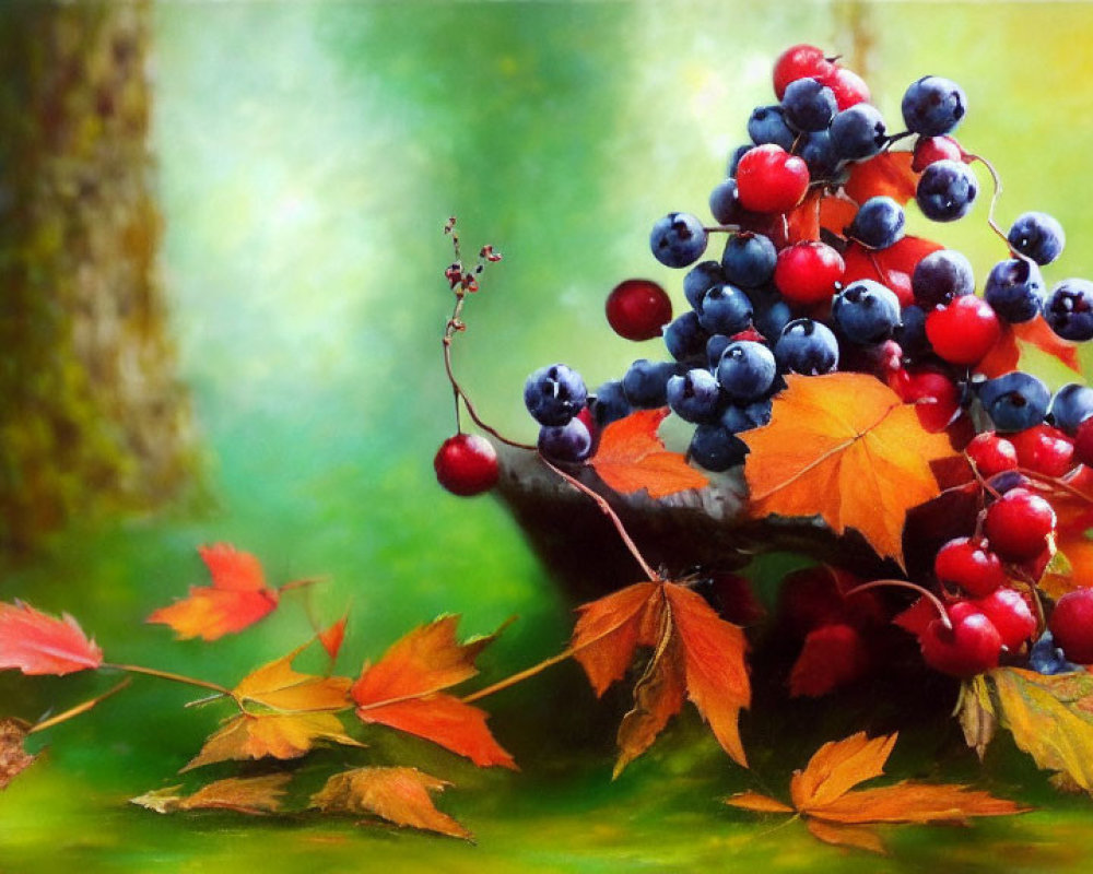 Colorful autumn leaves and berries painting against forest backdrop