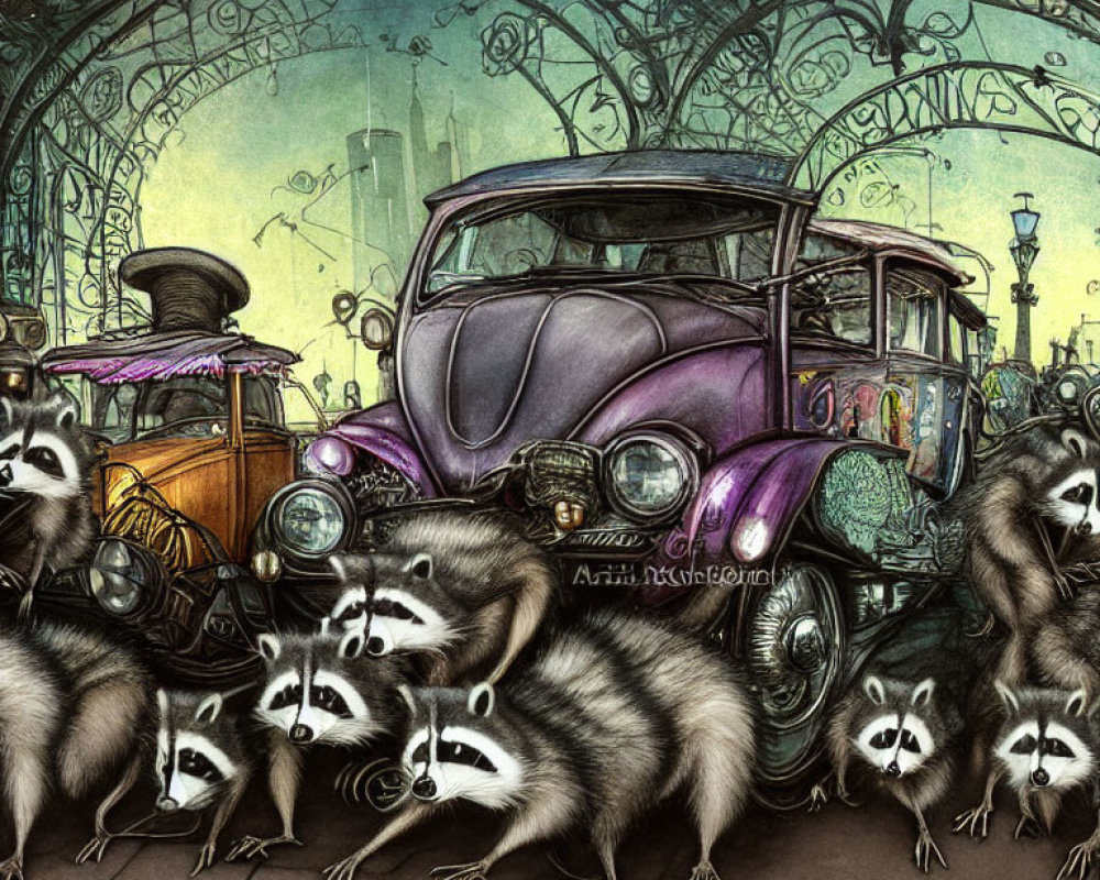 Group of raccoons around vintage cars in ornate cityscape.