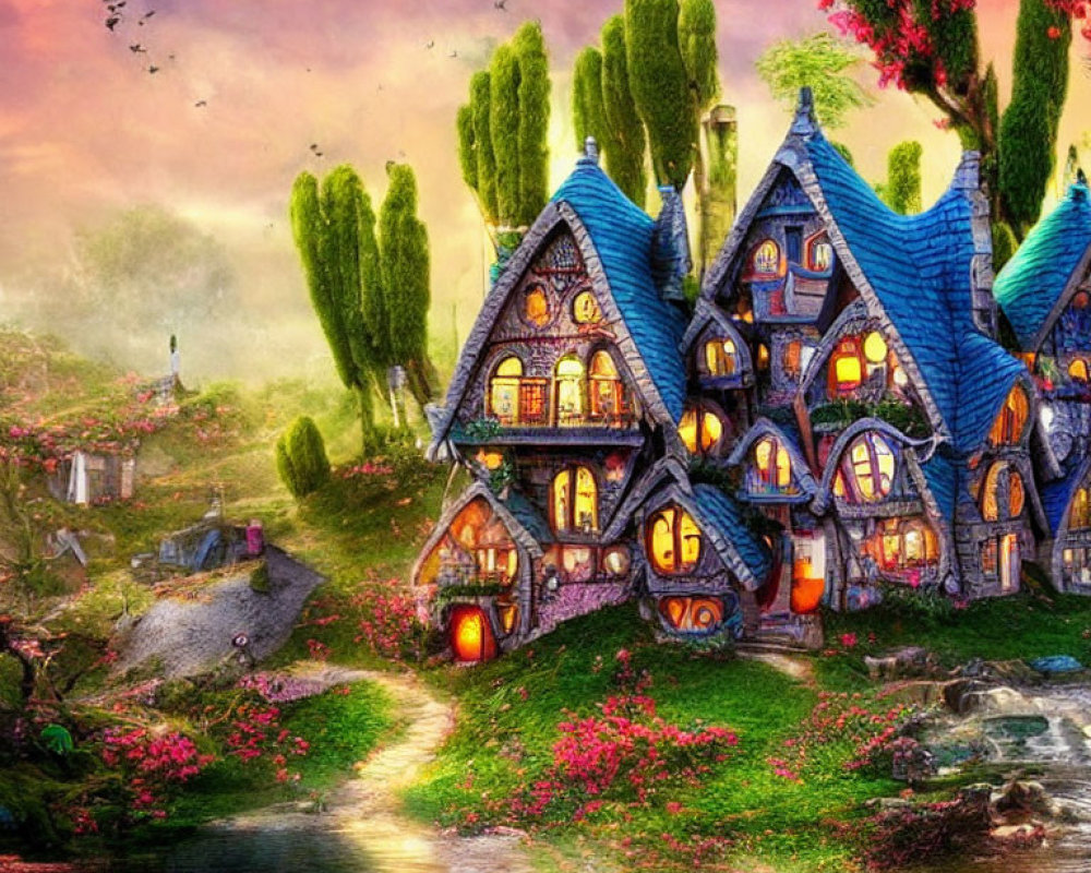 Colorful Landscape with Storybook Cottages and Nature Elements