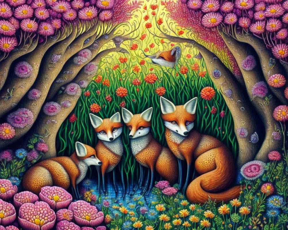 Colorful Foxes and Floral Scene Illustration: Whimsical and Vibrant Artwork