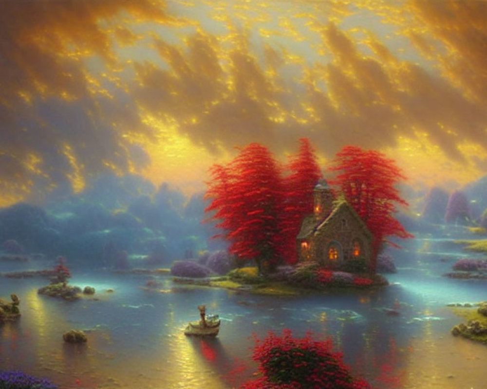 Vibrant sunset over fantasy landscape with cottage, stream, red trees, and golden clouds