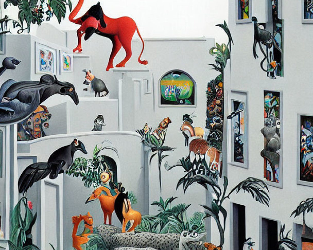 Colorful Animal Artwork in Surreal Indoor Jungle