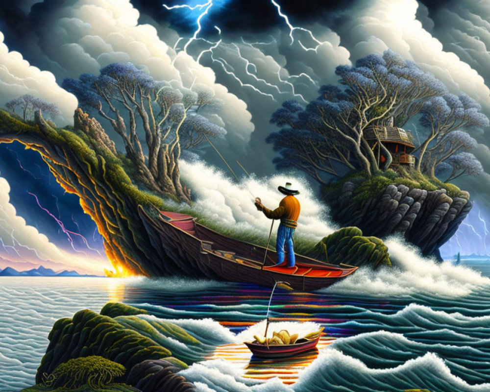 Fisherman in colorful boat at sunset amidst stormy seas and surreal landscape