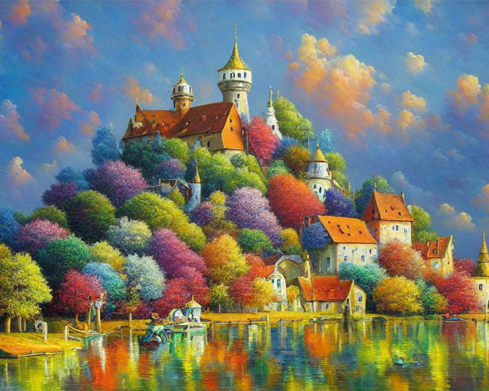 Colorful painting of fairy-tale castle on hill with autumn trees, river, boat