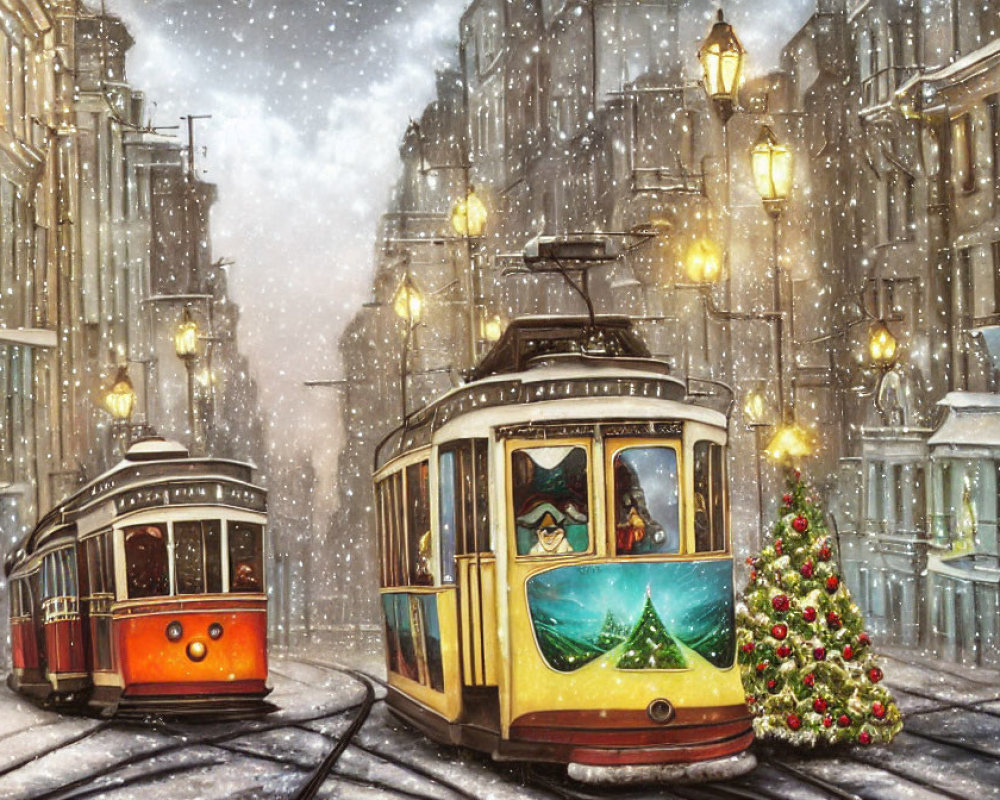 Vintage trams on snowy tracks with festive decorations passing by each other in a quaint street.