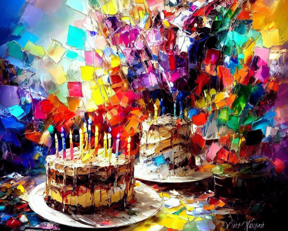 Colorful Abstract Birthday Cake Painting on Textured Background