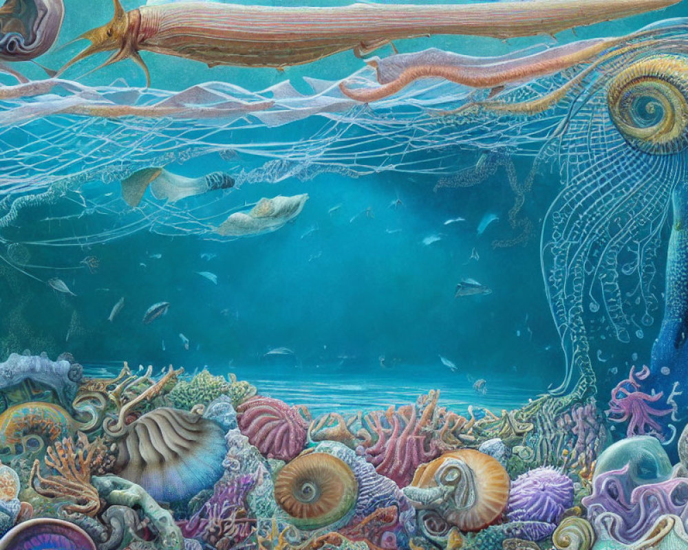 Colorful marine life in vibrant underwater scene with coral and sea plants