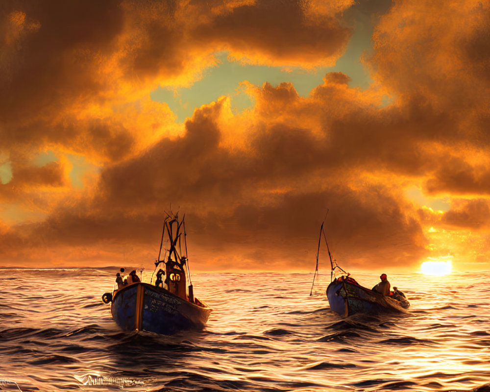 Fishing boats on wavy sea at sunset with vivid orange sky