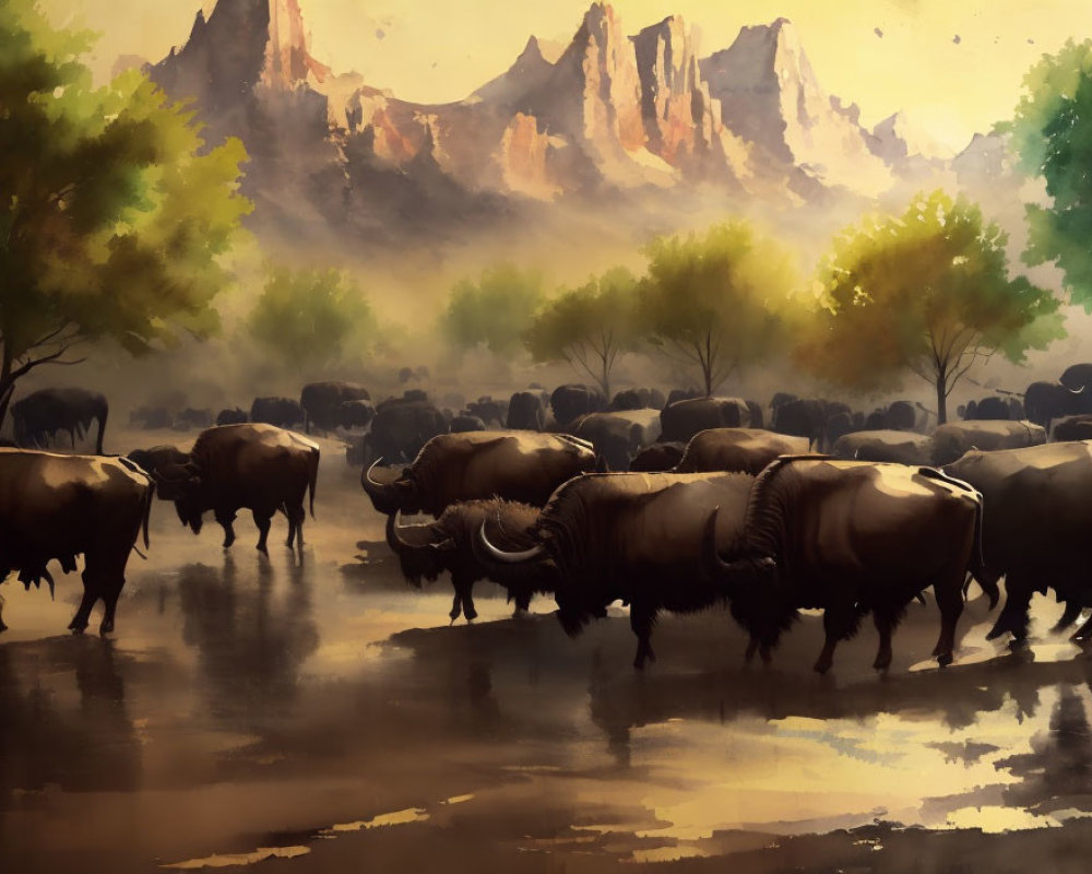 Buffaloes grazing near water with mountains and trees in golden-lit landscape