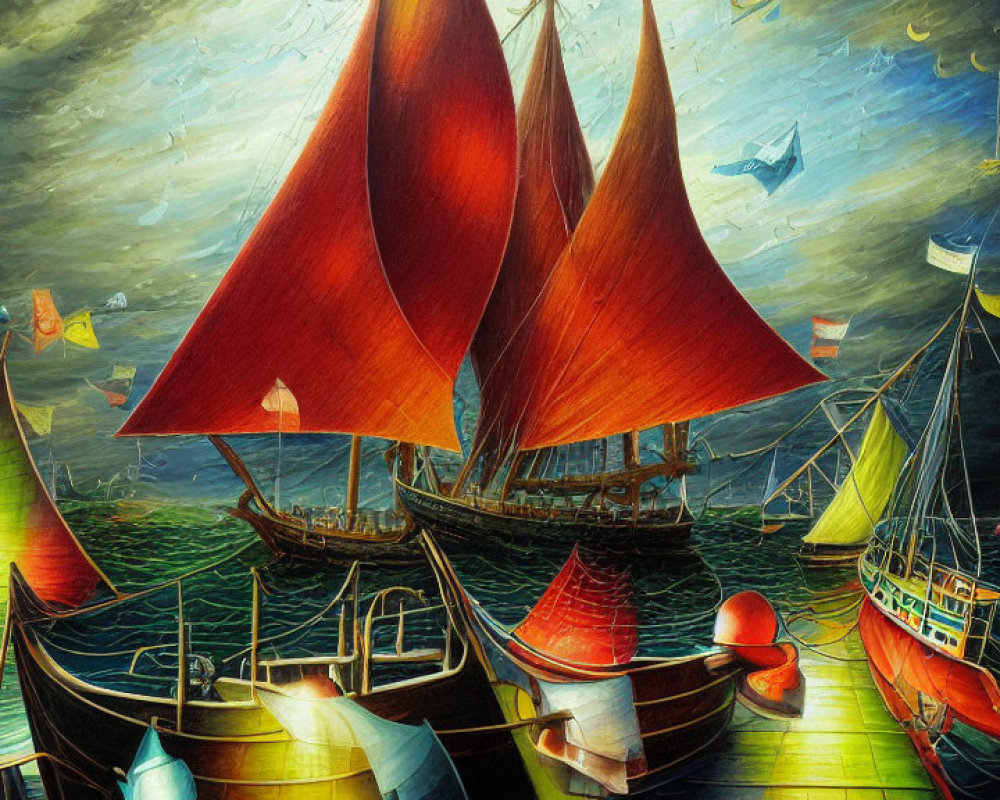 Colorful Painting: Flotilla of Boats with Red and Blue Sails on Turbulent