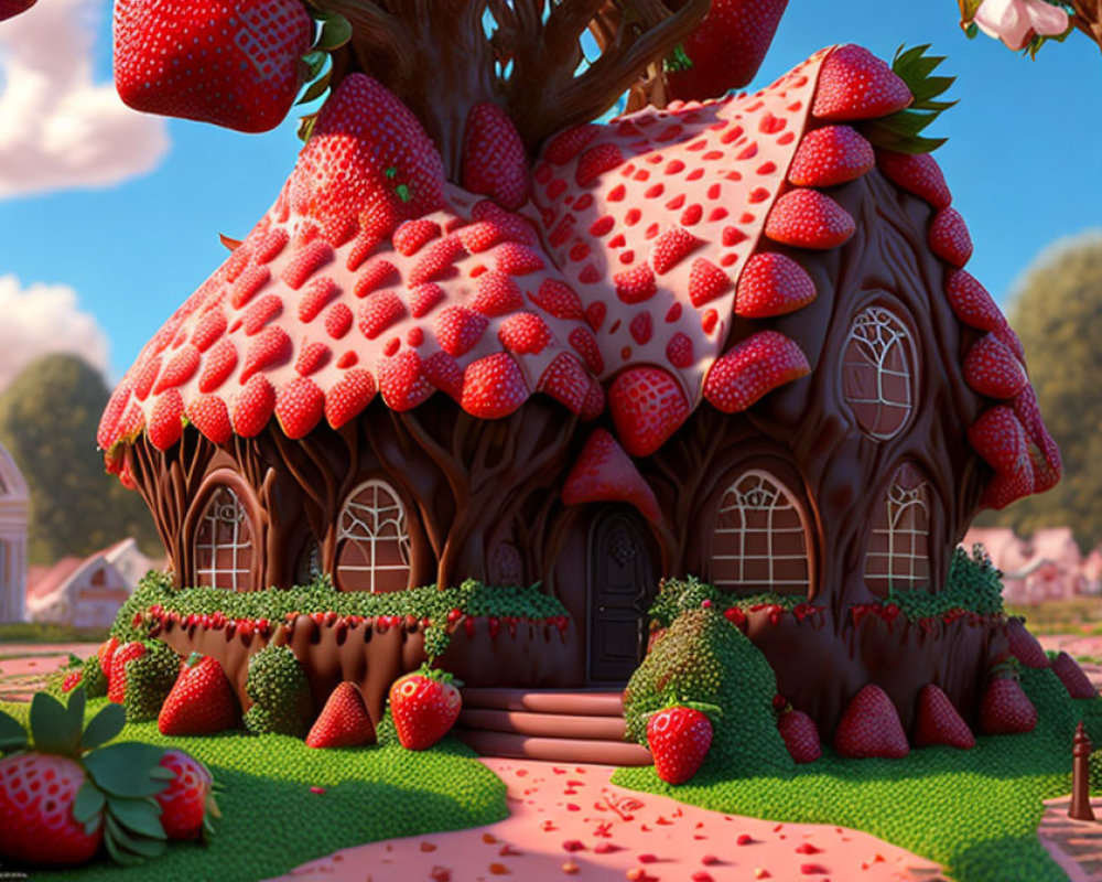 Whimsical fantasy illustration of giant strawberry house surrounded by oversized strawberries