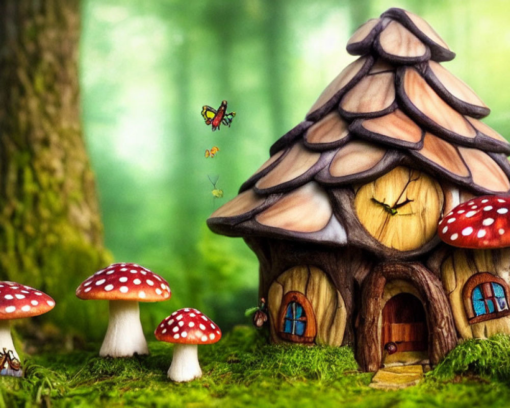 Fantasy mushroom house in whimsical forest with red-capped mushrooms, lush greenery, and butterfly