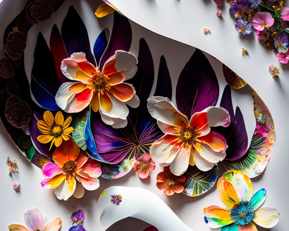 Colorful Paper Art Composition of Intricate Flowers on Soft White Background
