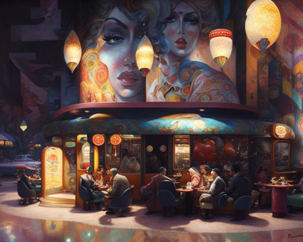 Colorful painting of retro diner with mural of woman's face