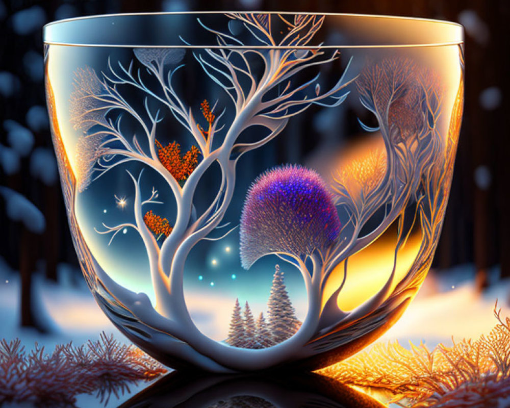 Intricately etched glass bowl with woodland scene in snowy twilight