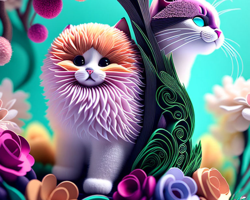Stylized colorful cats with vibrant flora on teal background