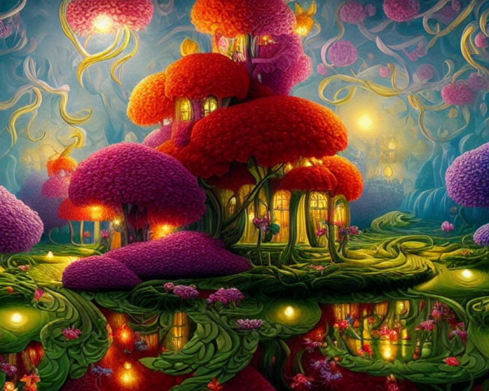 Vibrant mushroom-shaped houses in whimsical landscape