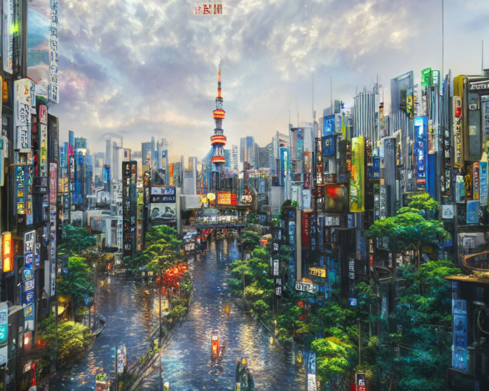 Futuristic cityscape with greenery, neon signs, river, tower, and clouds