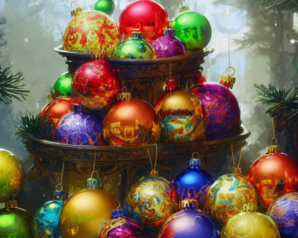 Colorful Christmas baubles on tiered stand with pine branches