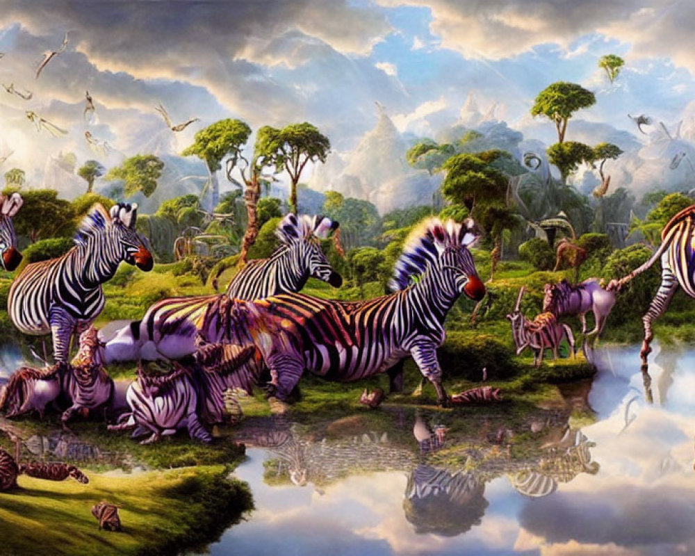 Colorful Striped Zebras in Fantastical Landscape with Water Reflections