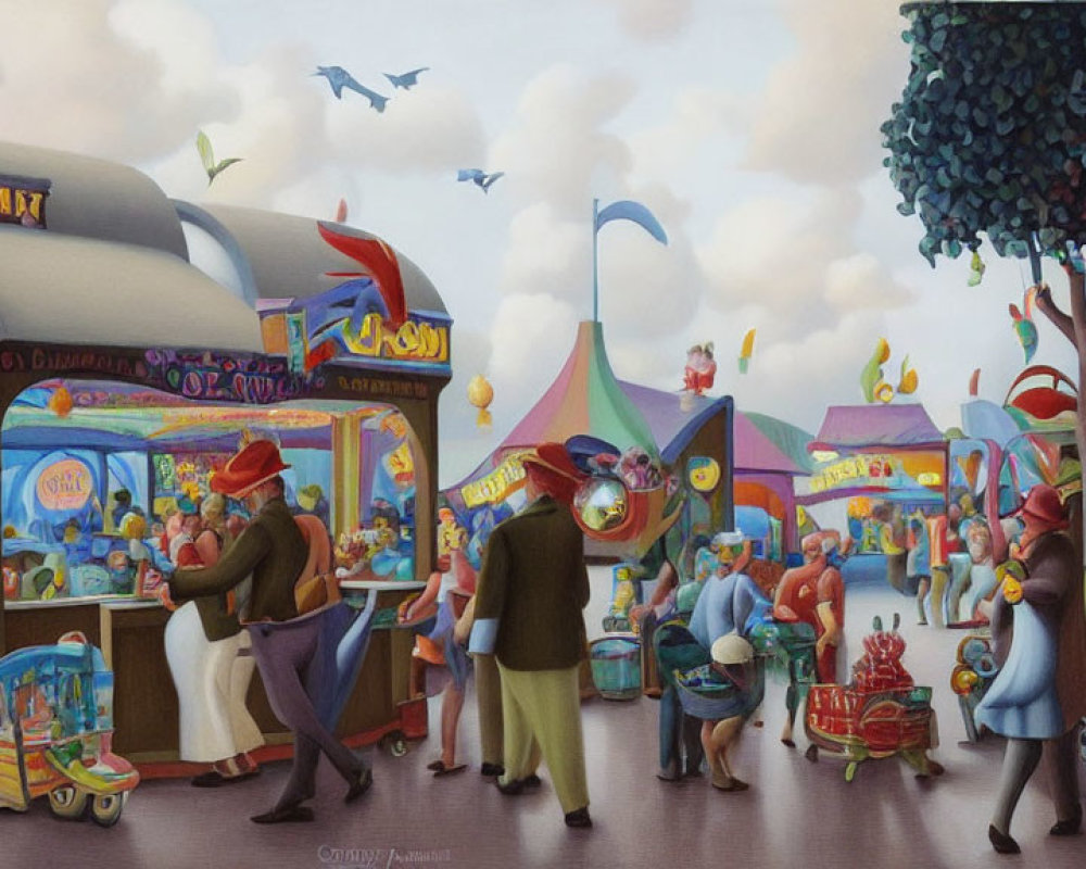 Colorful anthropomorphic animal marketplace illustration with vendors and shoppers under a bird-filled skyline