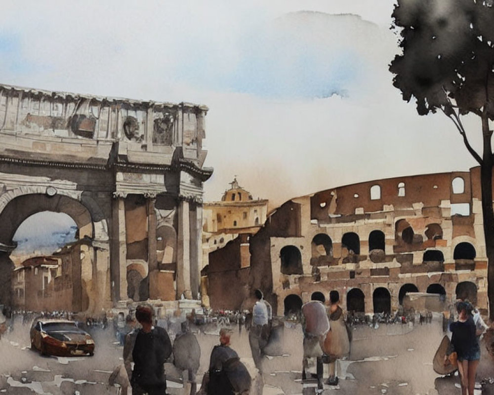 Bustling street scene near Colosseum: watercolor painting of pedestrians and car under cloudy