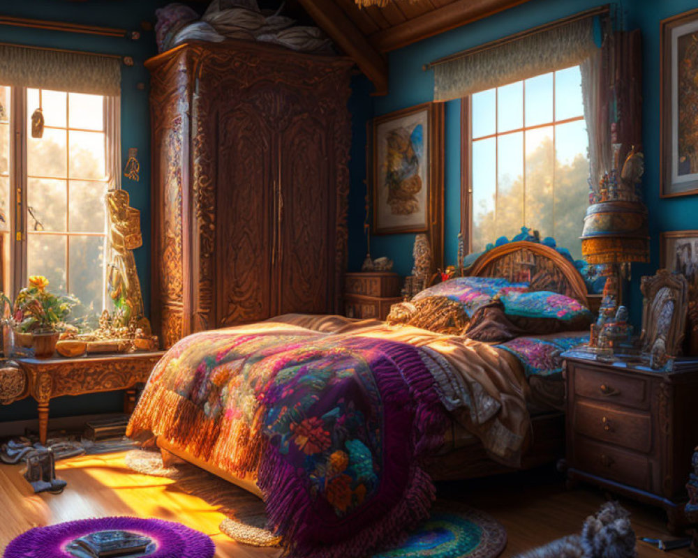 Warmly lit bedroom with wooden bed, ornate furniture, colorful bedding, and sunlit window view