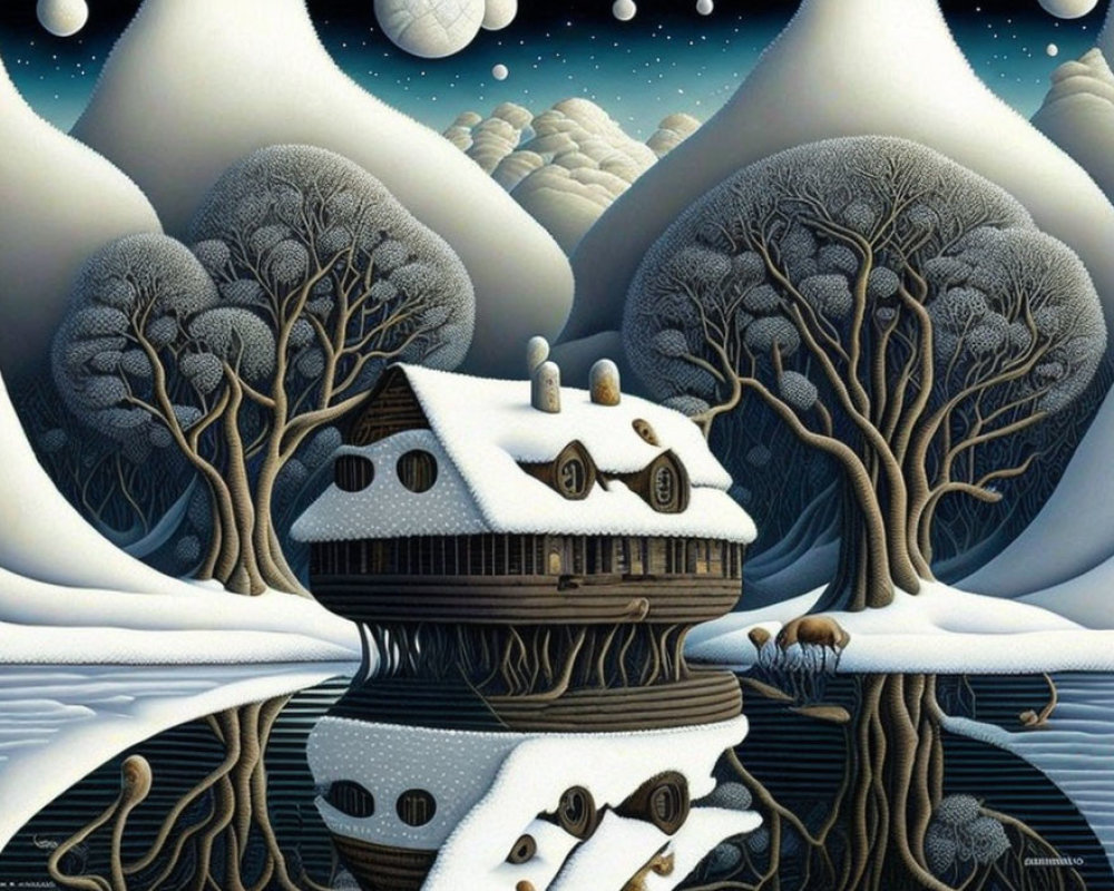 Winter night landscape with stylized house, moonlit sky, and reflections.