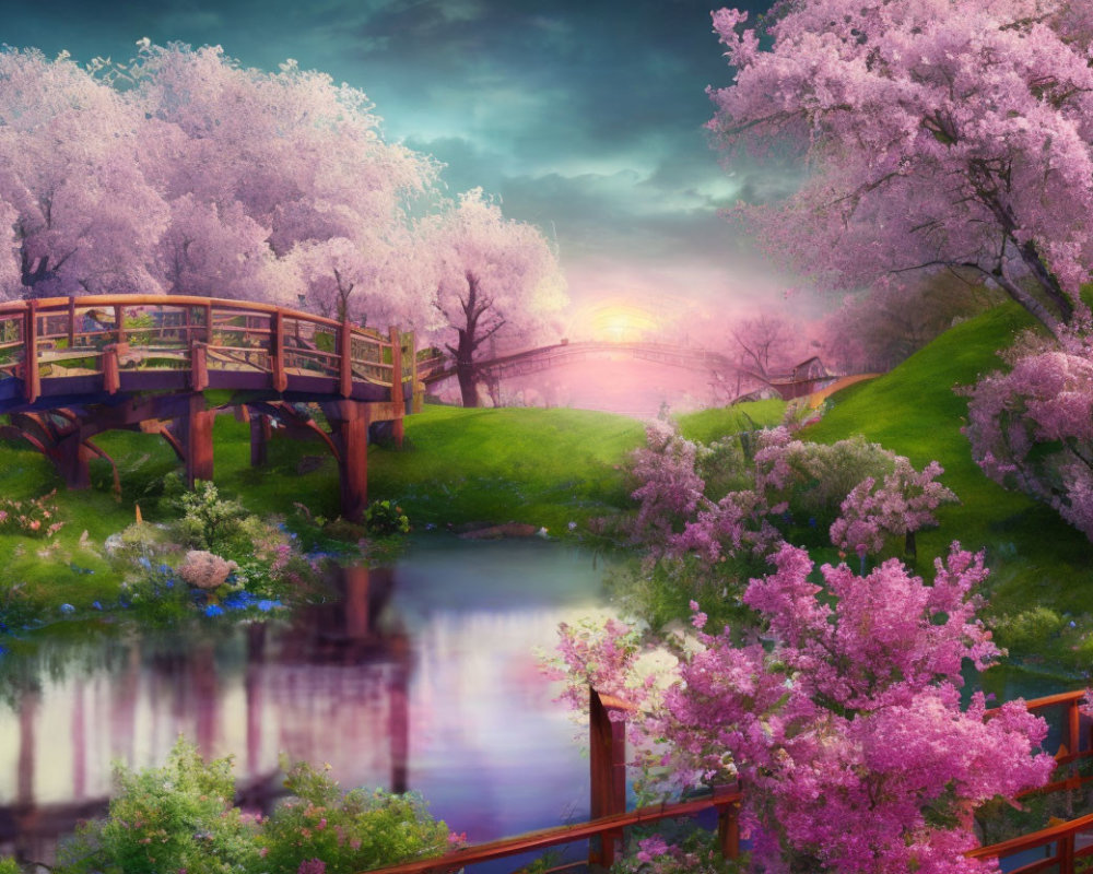 Tranquil landscape with wooden bridge, cherry blossom trees, and sunset.