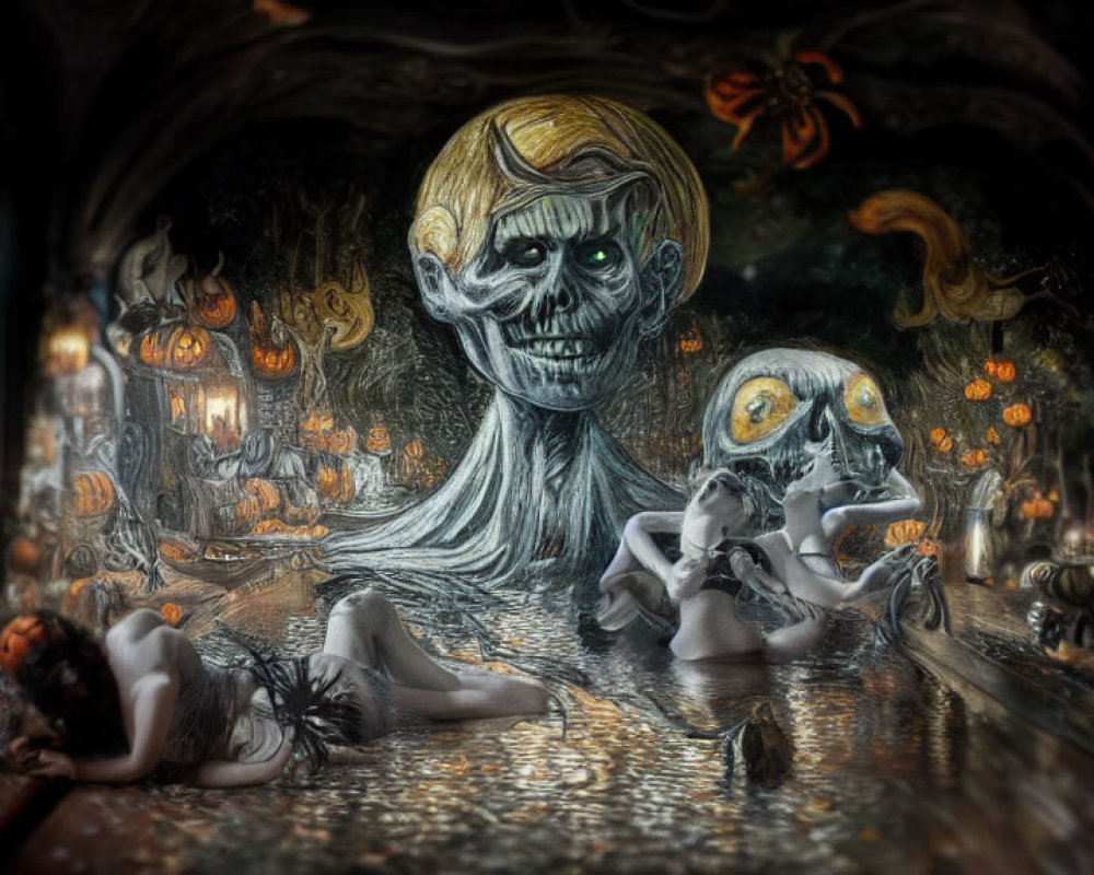 Spooky Halloween Illustration with Ghosts, Skeletons, and Pumpkins