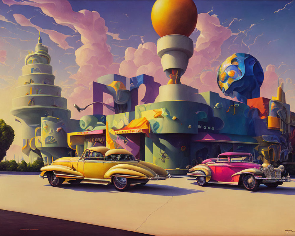 Vintage cars in front of colorful cityscape with surreal buildings under dramatic sky
