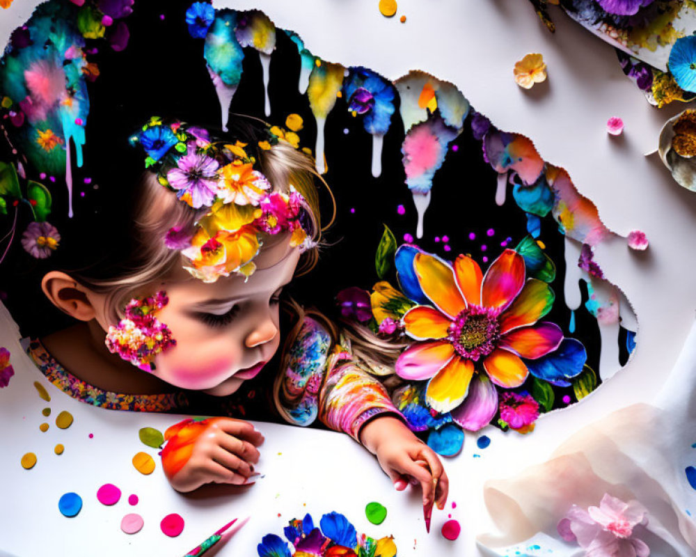 Colorful Child Portrait with Artistic Flower Designs