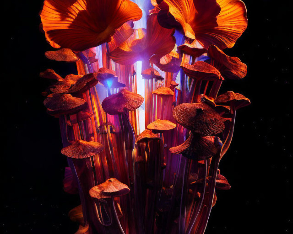 Vivid Digital Artwork: Mushroom Structures Emitting Light in Cosmic Setting