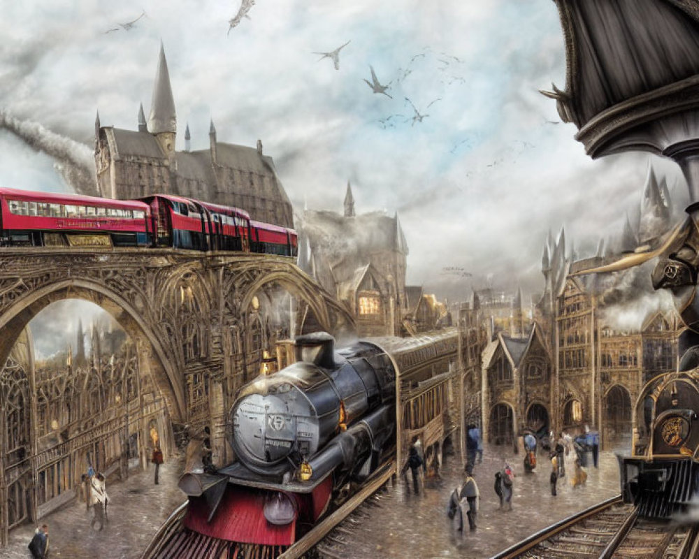 Fantastical Train Station with Steam Trains and Flying Creatures