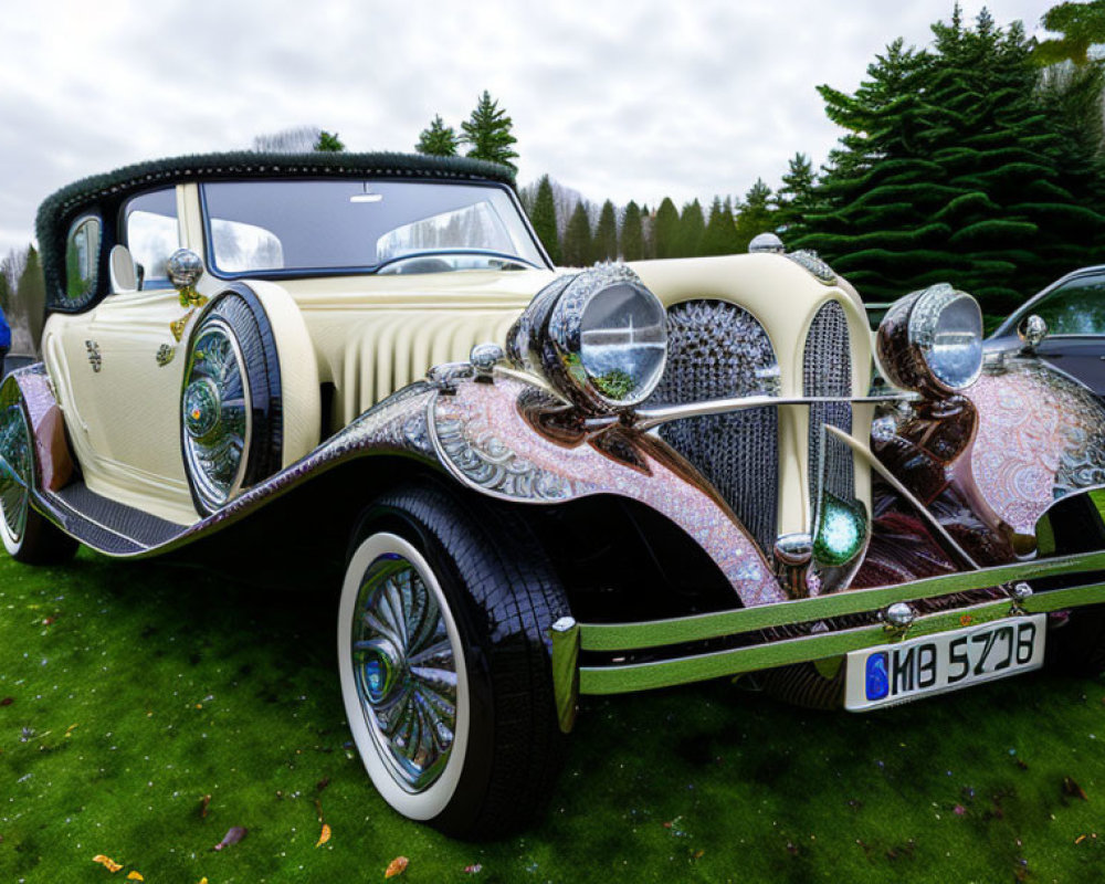 Vintage Art-Deco Classic Car Displayed on Grassy Field
