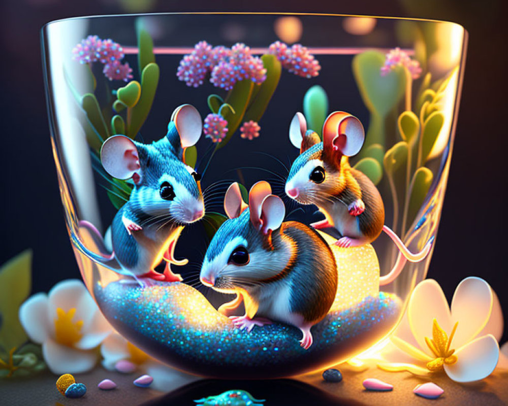 Colorful Mice in Transparent Bowl with Blue Light and Flowers