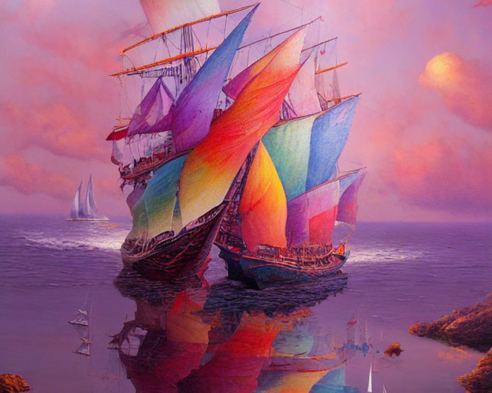 Colorful Sunset Seascape Painting with Sailing Ship and Reflections