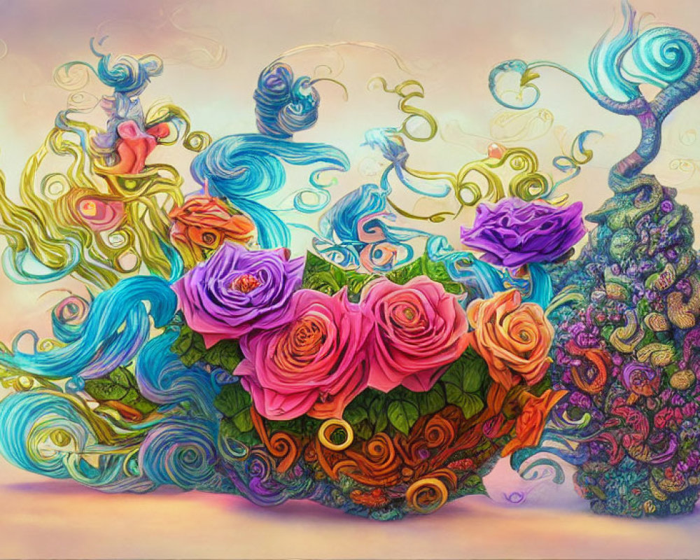 Colorful surreal artwork with swirling patterns and stylized flowers