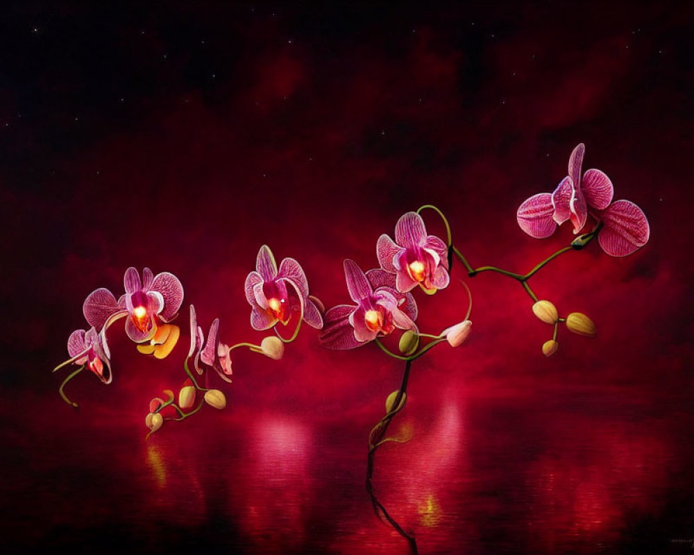 Colorful painting of pink and yellow orchids on reflective red surface in night setting