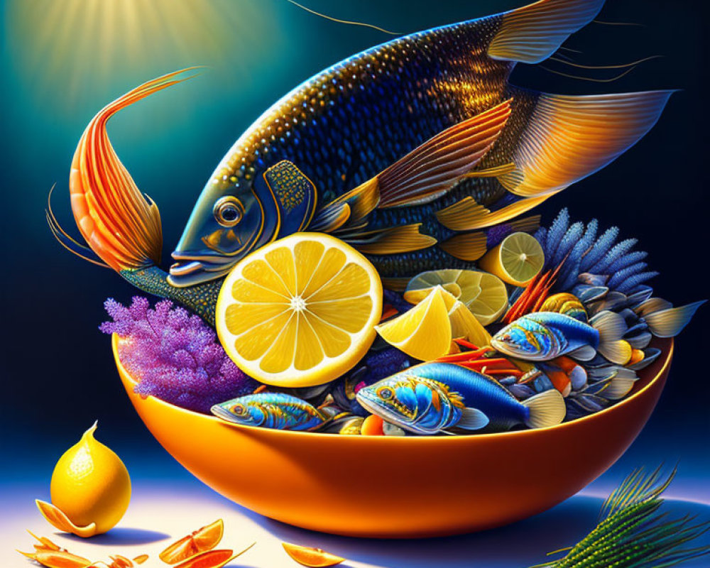 Colorful digital art of fish, lemons, and sea plants in a bowl under the sun