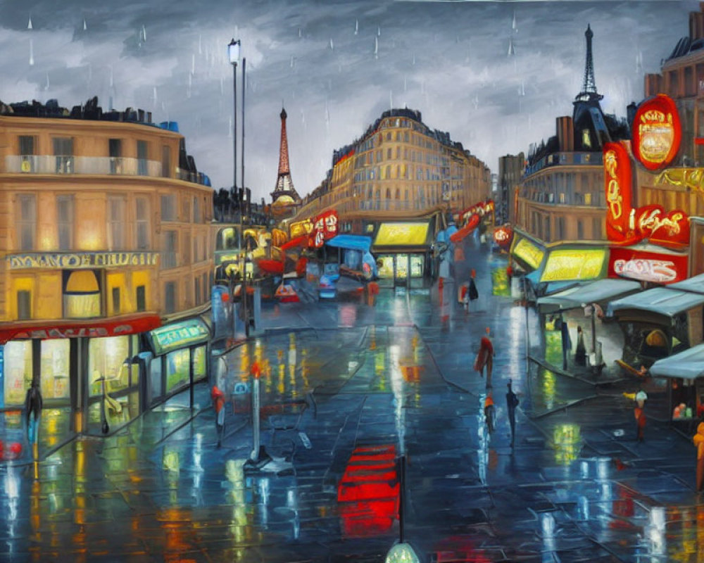 Rain-soaked Parisian street at dusk with neon signs and Eiffel Tower.