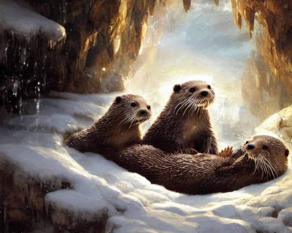 Three Otters Lounging in Snowy Cave with Icicles