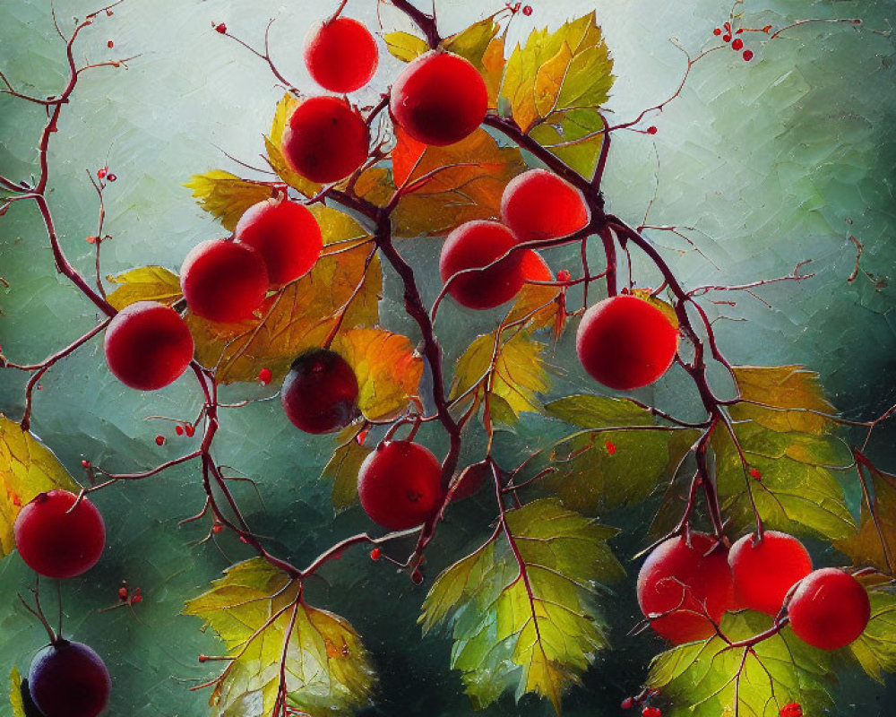 Vibrant red berries and green leaves on dark branches against textured green background
