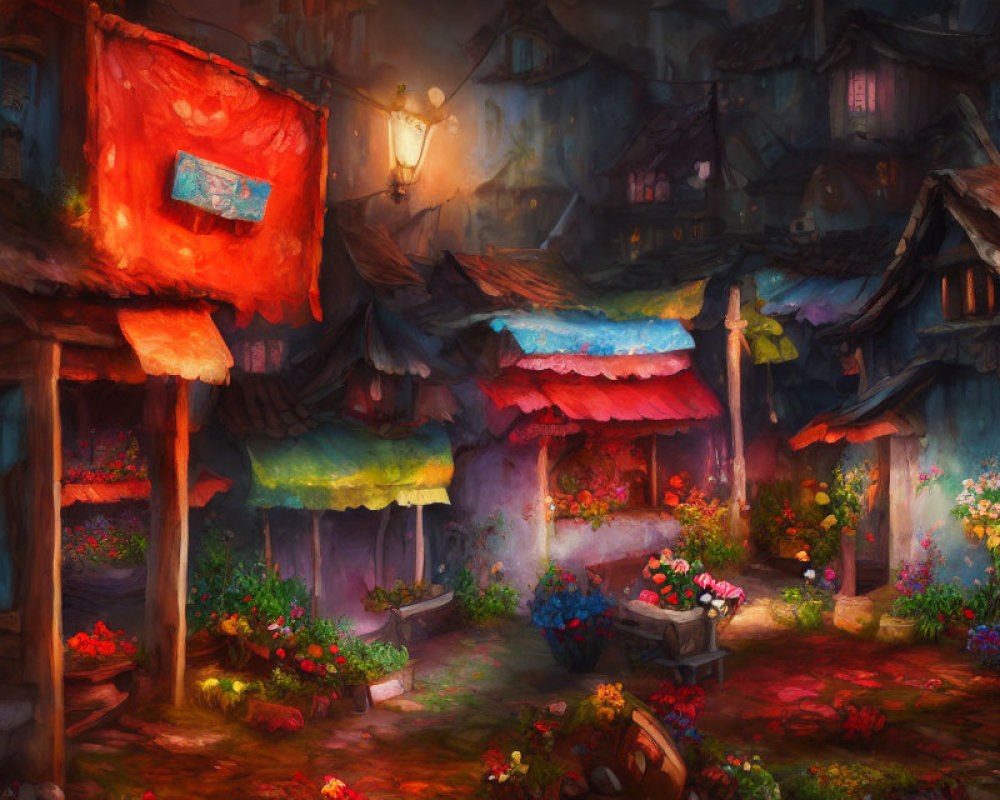 Colorful painting of cozy village at dusk with glowing lanterns & floral abundance