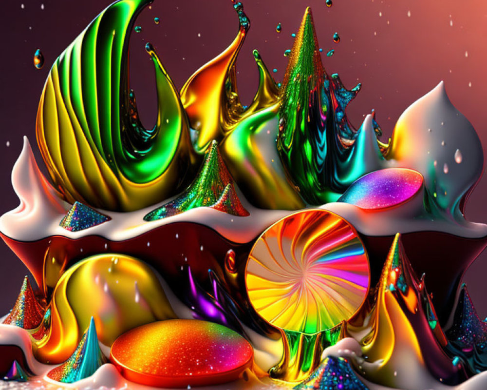 Colorful abstract digital art with glossy liquid shapes on soft bokeh background