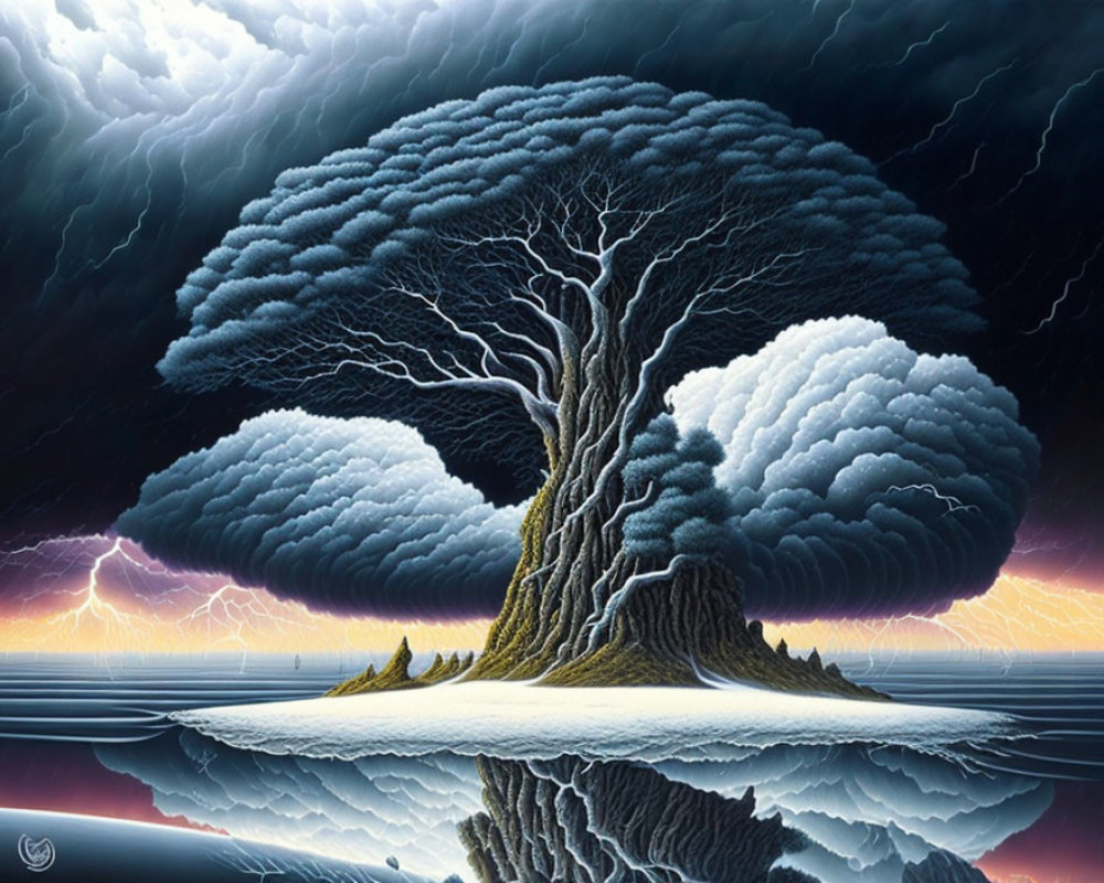 Surreal tree with thundercloud canopy in stormy sky over reflective water