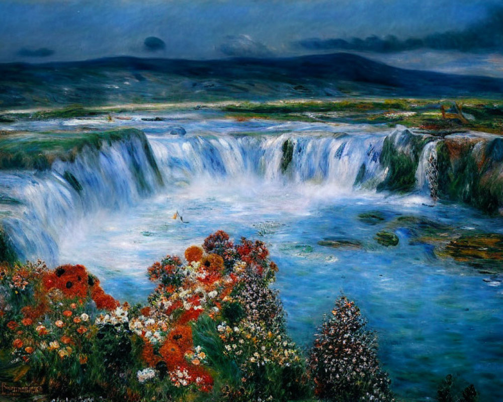 Scenic waterfall painting with vibrant flowers and verdant landscape