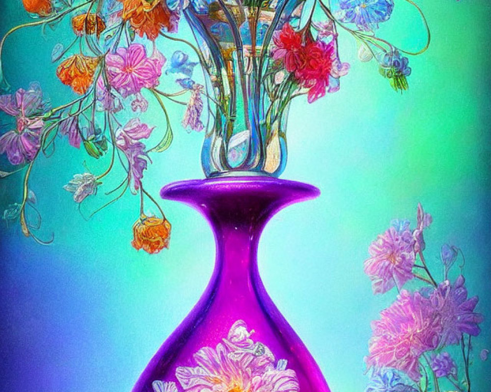 Colorful Flowers in Purple Vase on Blue Background