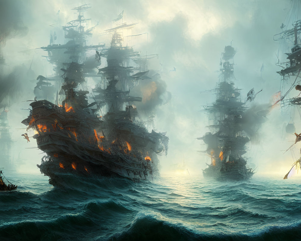 Turbulent sea battle with sailing ships, smoke, flames, and stormy sky